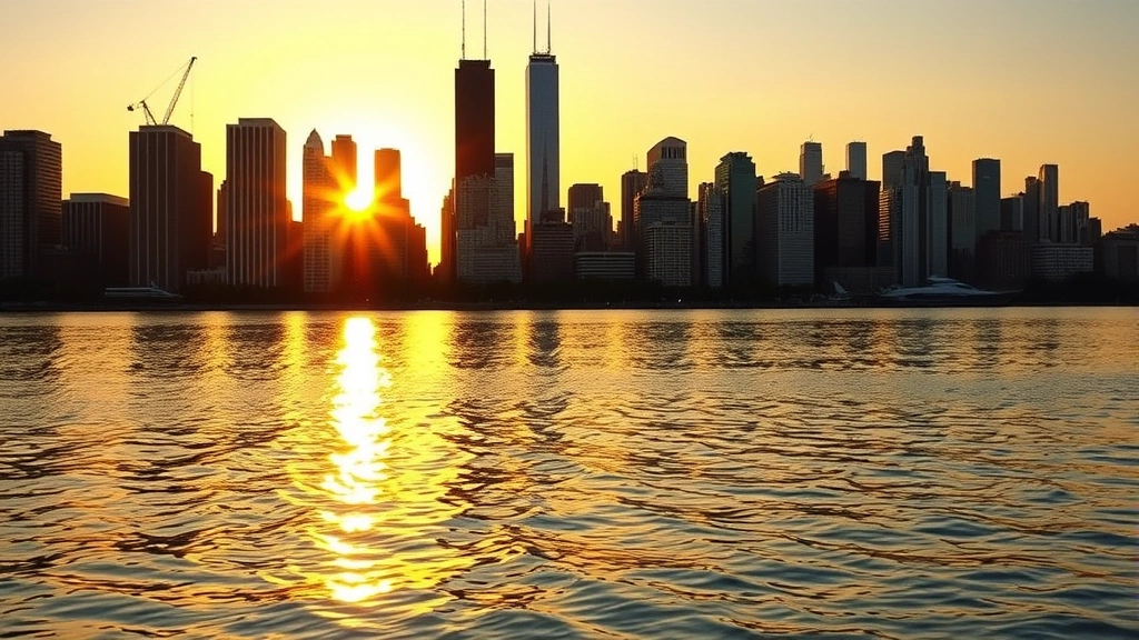 Chicago skyline reflecting in Lake Michigan at golden hour, Willis Tower visible, architectural beauty, urban landscape with water