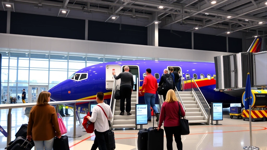 Passengers boarding Southwest Airlines plane at gate, modern airport terminal, bright lighting, diverse travelers with luggage