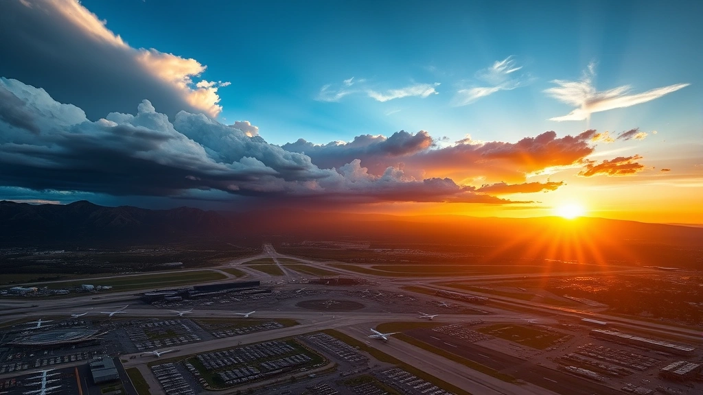 Aerial view of Denver International Airport surrounded by Rocky Mountain peaks at sunset, showing multiple aircraft on runways with dramatic storm clouds approaching from the west, photorealistic landscape photography