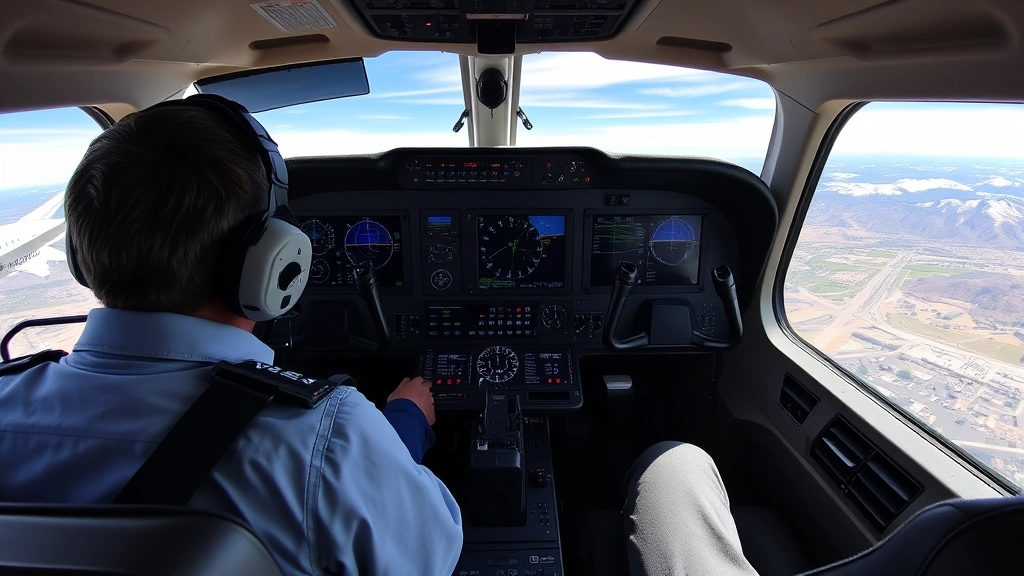 Cockpit interior showing pilots reviewing weather radar displays and flight instruments during approach to Colorado Springs Airport, with mountain terrain visible through windscreen below, professional aviation photography