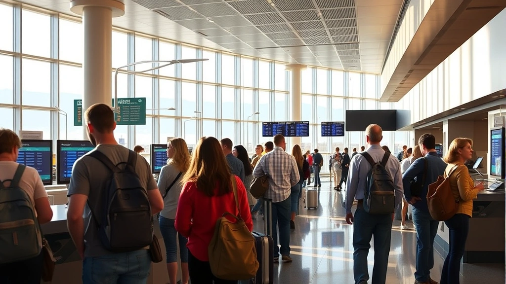 Colorado Springs Airport terminal interior with passengers at information desk during afternoon hours, natural light from windows, travelers consulting flight information displays, realistic travel scene