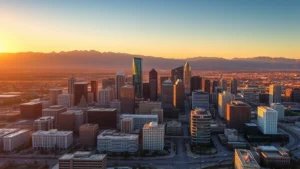 Aerial view of Denver skyline with Rocky Mountains in background during golden hour, bright sunlight on downtown buildings and skyscrapers