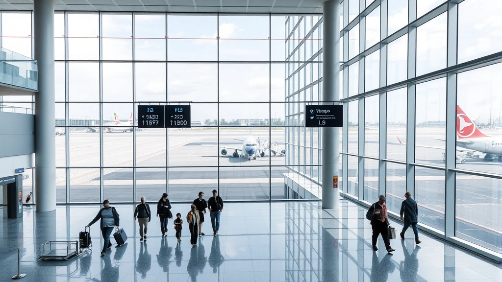 Modern airport terminal interior with large windows showing aircraft on tarmac, travelers walking through spacious gate area, contemporary architecture
