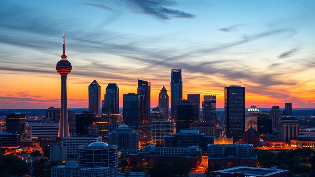 Dallas skyline at sunset with Reunion Tower prominent, downtown buildings illuminated, vibrant evening cityscape with urban architecture