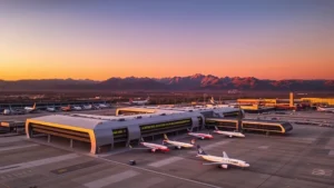 Aerial view of Denver International Airport terminal with Rocky Mountains in background, commercial aircraft on tarmac, sunset golden hour lighting, modern architecture