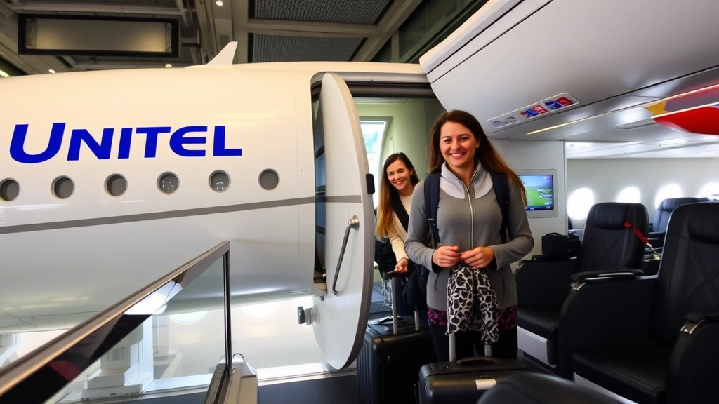 Passenger boarding United or Southwest aircraft, smiling travelers with luggage, airport corridor, modern jet bridge, comfortable cabin interior visible