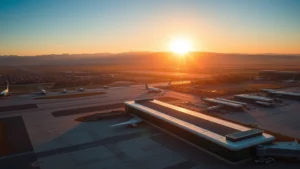 Aerial view of Denver International Airport with Rocky Mountains in background at sunrise, modern terminal building visible, clear blue sky, photorealistic