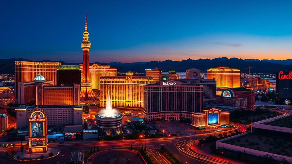 Las Vegas Strip skyline at dusk with iconic hotels and casinos glowing, Stratosphere and Bellagio fountain visible, desert landscape, photorealistic cityscape