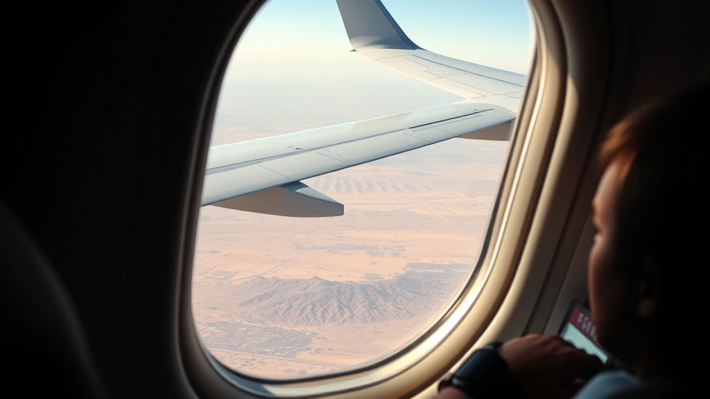 Airplane cabin interior mid-flight showing window view of desert landscape below, winglet visible, passengers in seats, natural lighting, photorealistic travel scene