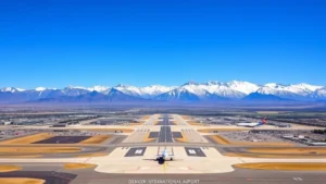 Aerial view of Denver International Airport with mountains in background, aircraft on tarmac, runway stretching toward snow-capped peaks, clear blue sky