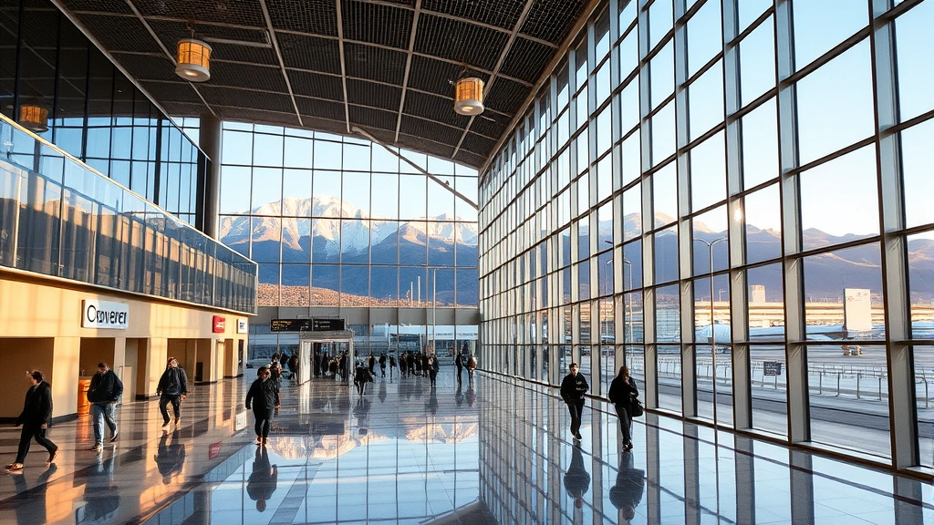 Denver International Airport modern terminal interior with large windows showing Rocky Mountains at golden hour, travelers walking through bright corridors with contemporary architecture