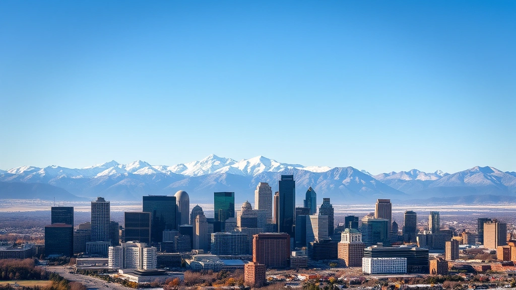 Aerial view of Denver skyline with snow-capped Rocky Mountains in background, downtown skyscrapers reflecting morning sunlight, clear blue sky