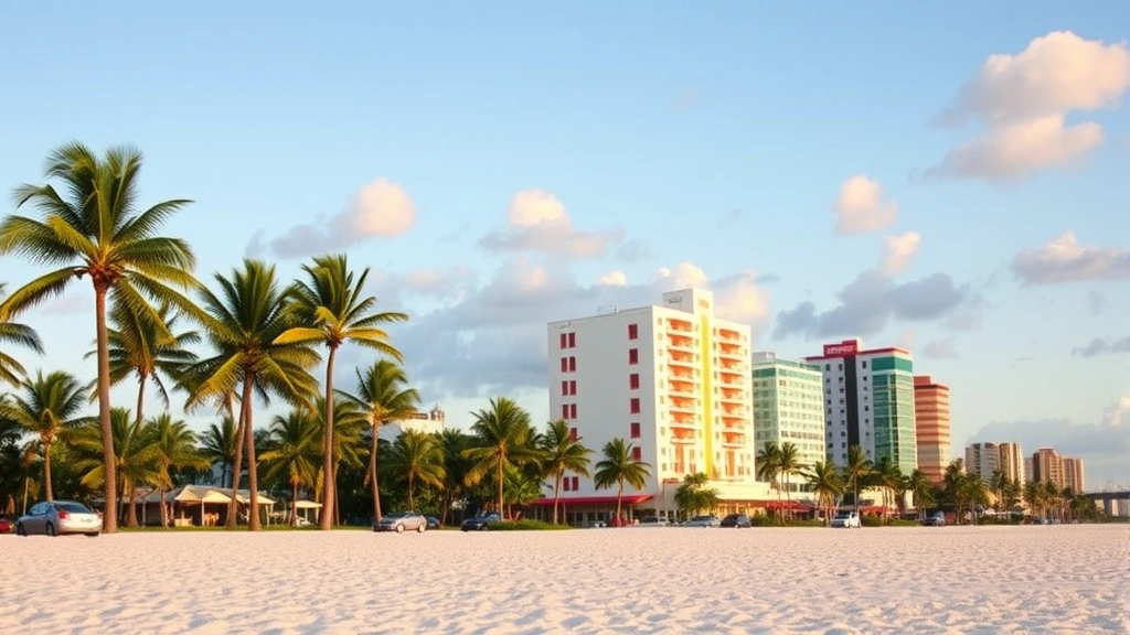 Miami beach skyline with turquoise ocean water, palm trees swaying, Art Deco architecture buildings in afternoon light, white sandy beach in foreground