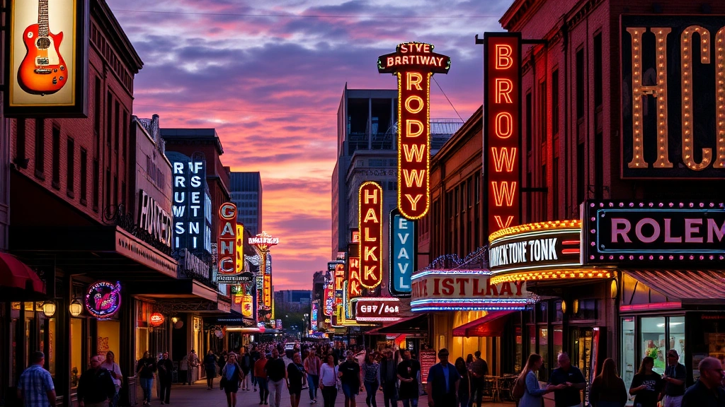 Nashville's iconic honky-tonk-lined Broadway street at dusk with neon signs glowing, live music venue entrances, and bustling crowds of visitors walking between venues