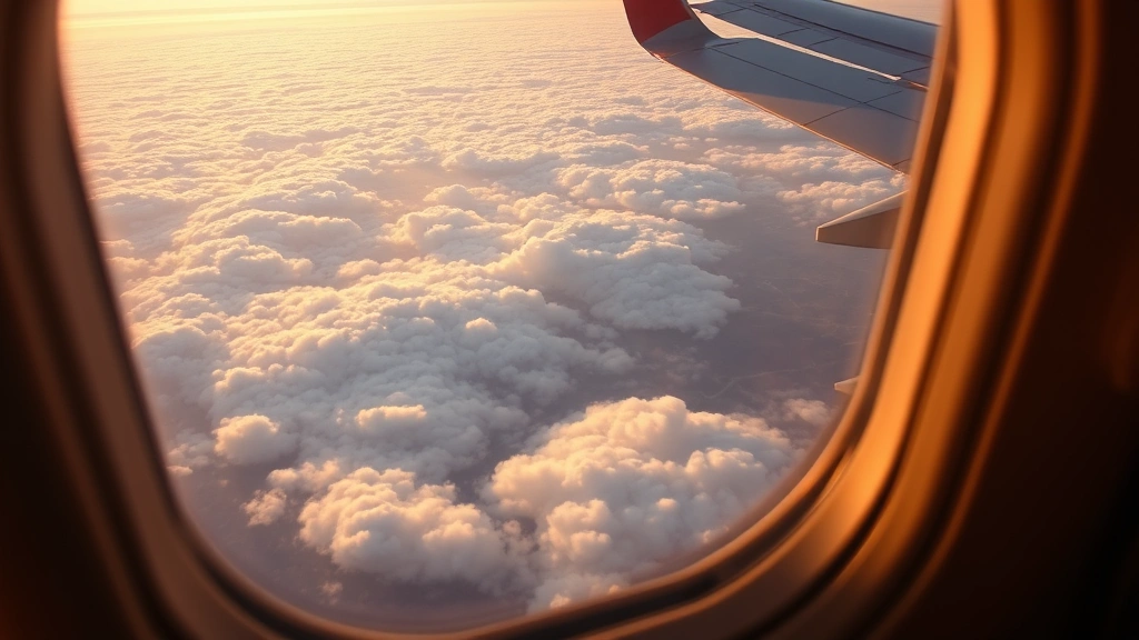 Airplane cabin window view during flight showing puffy white clouds above mountain terrain below, wing visible in frame, golden hour lighting
