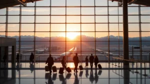 Denver International Airport terminal at sunrise with mountains visible through windows, natural golden light, travelers walking with luggage, modern architecture