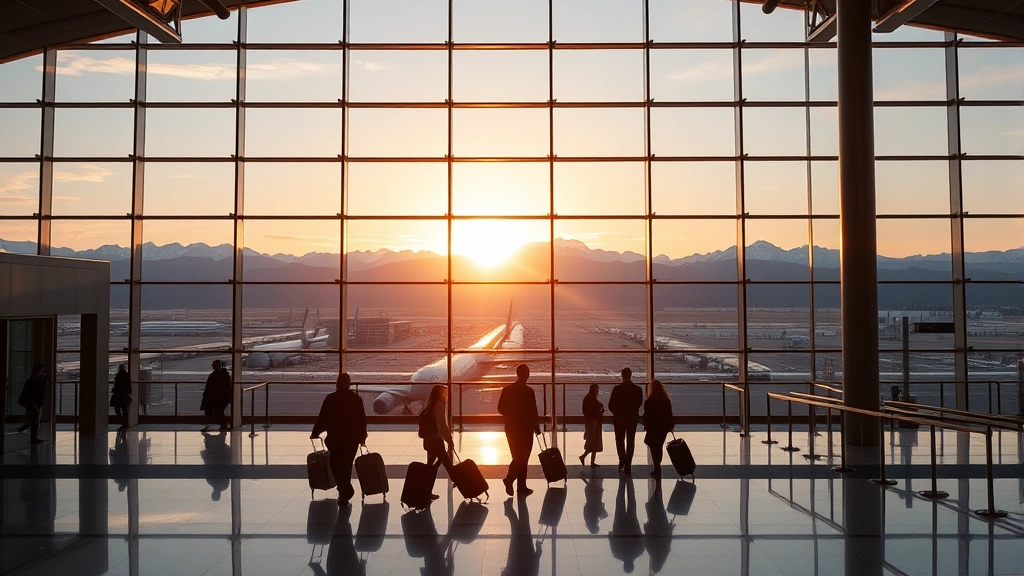 Denver International Airport terminal at sunrise with mountains visible through windows, natural golden light, travelers walking with luggage, modern architecture