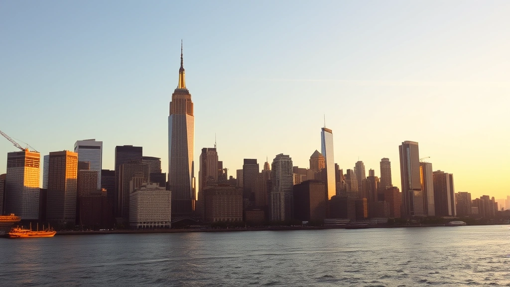 Manhattan skyline with Empire State Building and Chrysler Building prominent, viewed from across the Hudson River, golden hour lighting, urban landscape photography