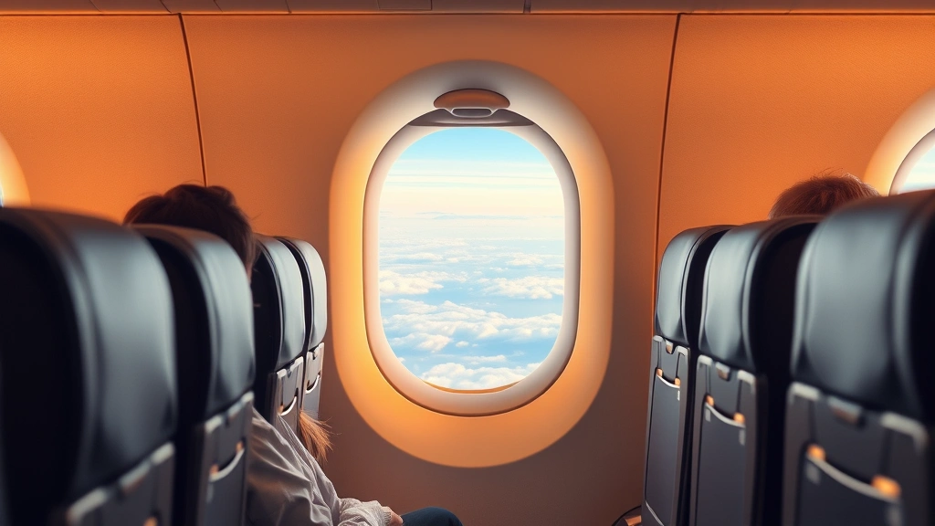 Interior of airplane cabin during flight with passengers in seats, window view showing clouds and earth below, warm cabin lighting, realistic commercial aircraft environment