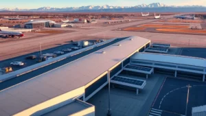 Aerial view of Denver International Airport terminal with modern architecture, morning light, snow-capped Rocky Mountains visible in background, no text or signage