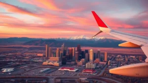 Aerial view of Denver skyline at sunset with Rocky Mountains in background, golden hour lighting, airplane wing visible in foreground, vibrant Colorado landscape