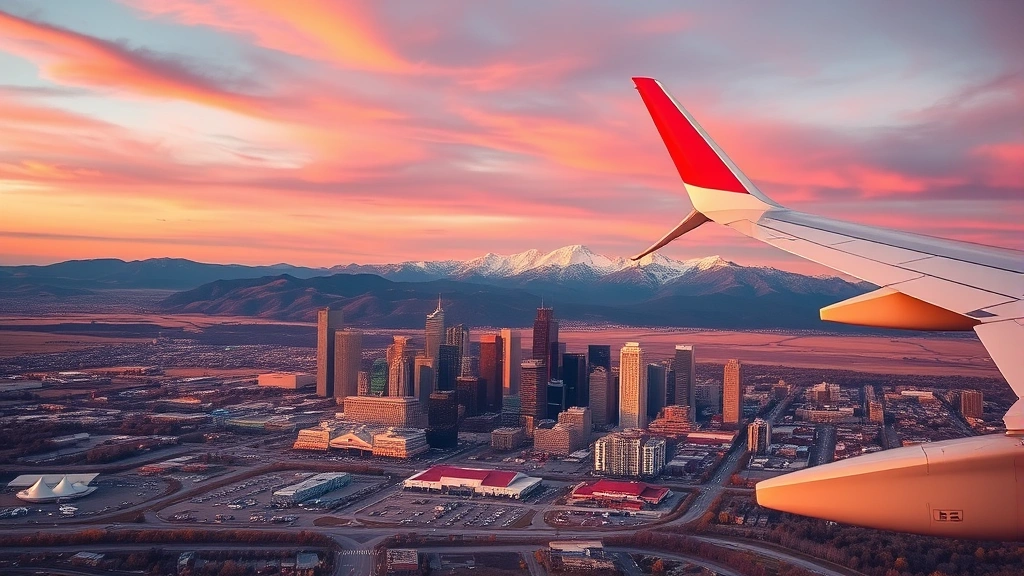Aerial view of Denver skyline at sunset with Rocky Mountains in background, golden hour lighting, airplane wing visible in foreground, vibrant Colorado landscape