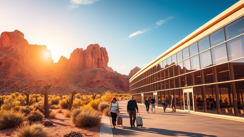 Phoenix desert landscape with red rock formations, blue sky, modern airport terminal building, travelers with luggage walking through glass corridors, warm golden sunlight