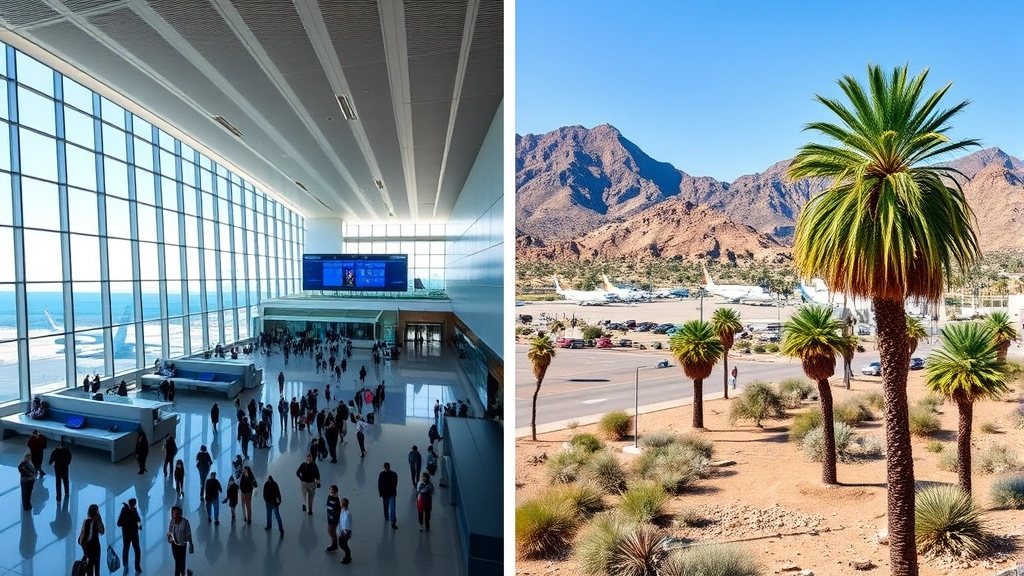 Split screen: left shows Denver International Airport terminal interior with modern architecture and travelers, right shows Phoenix Sky Harbor with desert views and palm trees, bright southwestern light