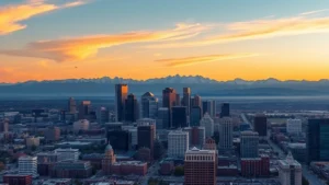 Aerial view of Denver skyline with Rocky Mountains in background during golden hour sunset, downtown skyscrapers and city lights visible