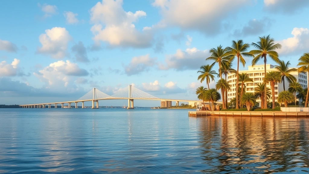 Tampa Bay waterfront with Sunshine Skyway Bridge spanning blue waters, palm trees and modern buildings reflecting in calm bay waters at midday