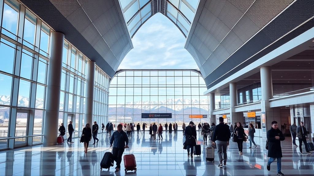 Denver International Airport modern terminal with sleek architecture, travelers with luggage moving through bright contemporary corridors, Colorado mountain views visible through large windows, dynamic travel atmosphere