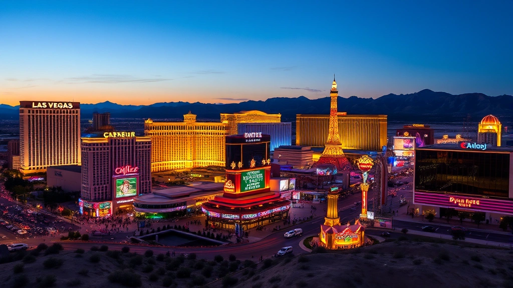 Las Vegas Strip skyline at dusk with iconic casinos and bright neon lights, desert landscape in foreground, vibrant entertainment district with crowds, exciting Vegas arrival feeling