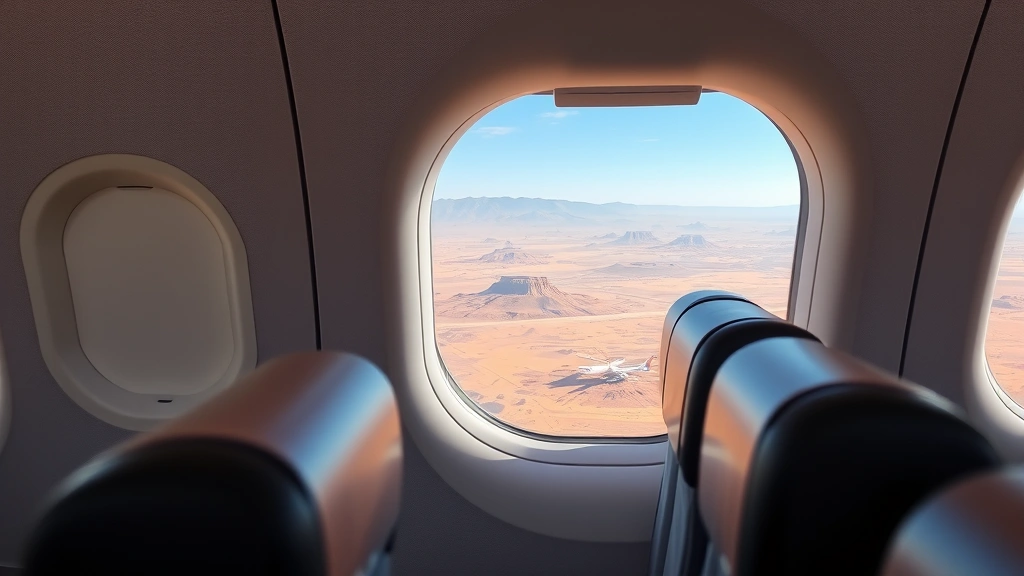 Budget airline cabin interior, modern narrow-body aircraft seating arrangement, window view of desert landscape below during flight, comfortable yet efficient travel setup