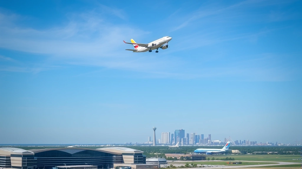 Aerial view of Detroit Metropolitan Airport with aircraft taking off into blue sky, modern terminal buildings visible below, city skyline in distance