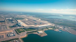 Aerial view of Detroit Metropolitan Airport with planes on tarmac and Michigan landscape below, bright daylight, modern airport infrastructure, photorealistic