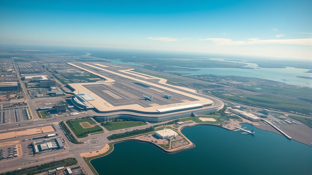 Aerial view of Detroit Metropolitan Airport with planes on tarmac and Michigan landscape below, bright daylight, modern airport infrastructure, photorealistic