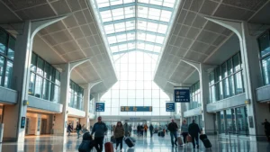 Detroit Metropolitan Airport terminal interior with modern architecture, travelers with luggage, bright natural lighting, contemporary design elements, busy but organized atmosphere