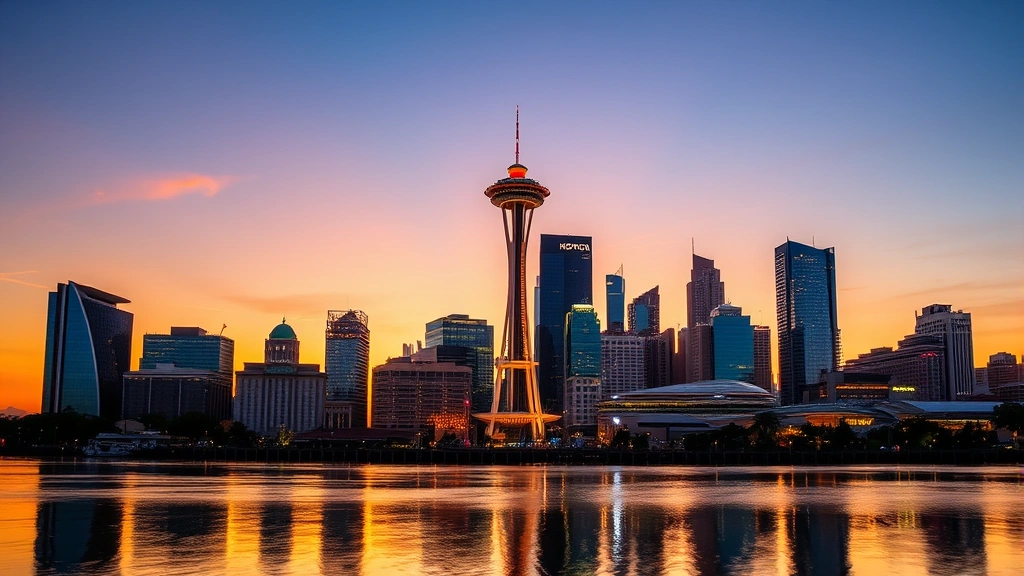 Houston skyline at sunset with Space Needle tower, modern buildings, golden hour lighting, vibrant city landscape, Texas urban development reflecting in water