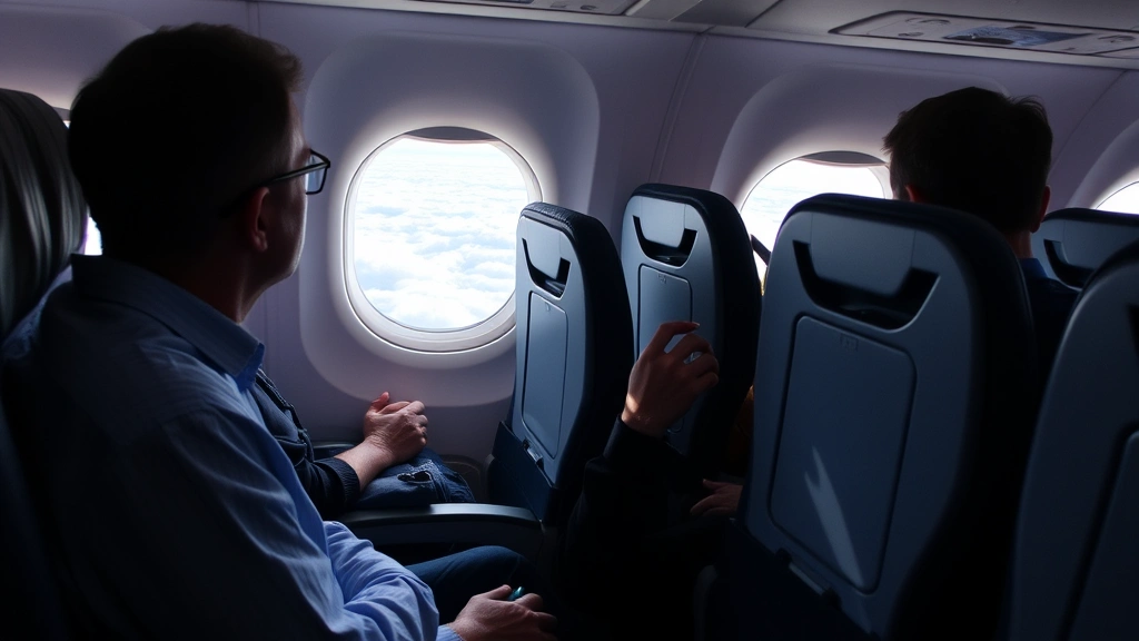 Commercial airplane cabin interior during flight with passengers seated, window view of clouds below, comfortable seating arrangement, natural daylight streaming through windows