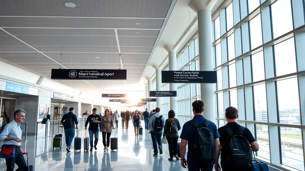 Passengers walking through modern airport terminal corridor with Miami International Airport signage, natural light streaming through large windows, contemporary architecture, travelers with luggage and backpacks