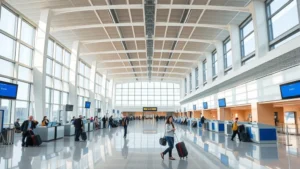 Detroit Metropolitan Airport modern terminal interior with contemporary architecture, check-in counters, travelers with luggage, natural lighting, clean minimalist design, bright and spacious atmosphere