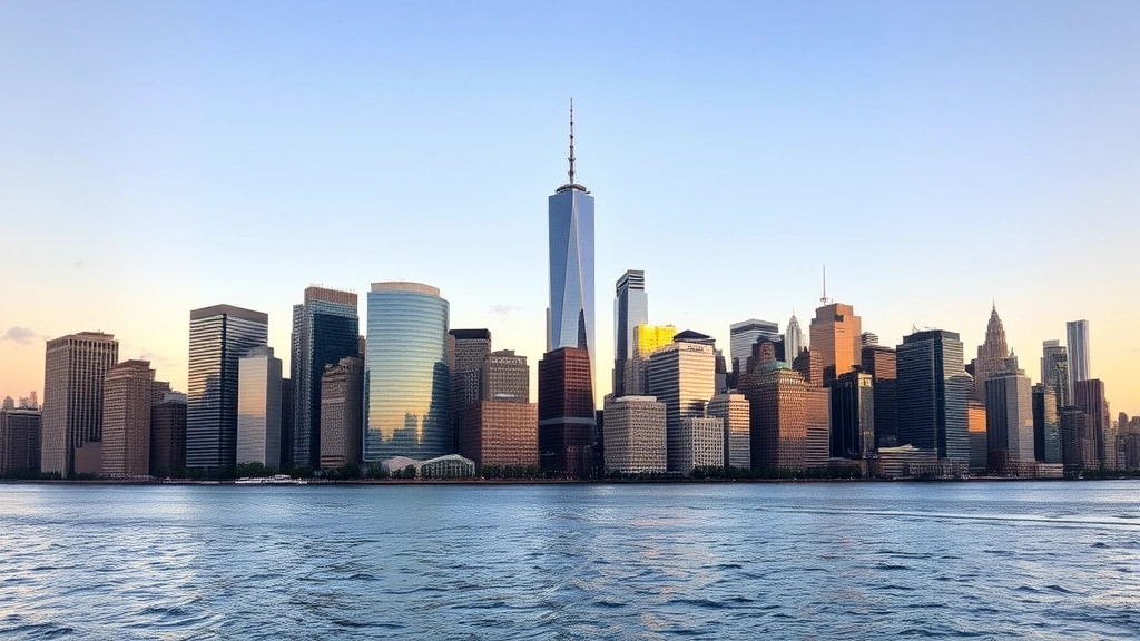 Manhattan skyline with Hudson River, modern skyscrapers reflecting in water, golden hour sunset lighting, urban landscape, vibrant cityscape, East Side view from water perspective