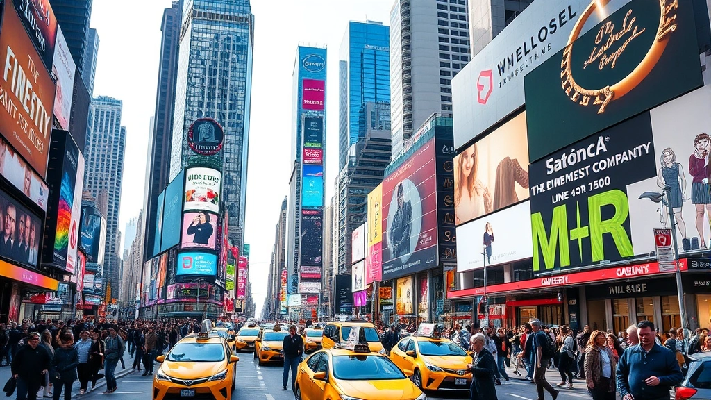Times Square NYC street scene with colorful digital billboards, yellow taxis, diverse crowds of pedestrians, towering buildings, bright daylight, vibrant urban energy, bustling commercial district