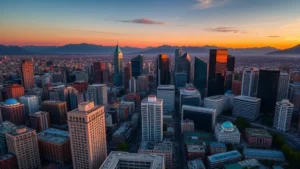 Aerial view of Mexico City skyline at sunset with modern skyscrapers and historic buildings, golden hour light reflecting off glass buildings, vibrant urban landscape with mountains in background