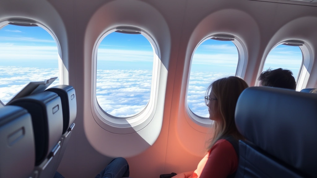 Modern aircraft cabin interior during flight with passengers, window seat view showing clouds and landscape below, blue sky visible through window, comfortable seating arrangement