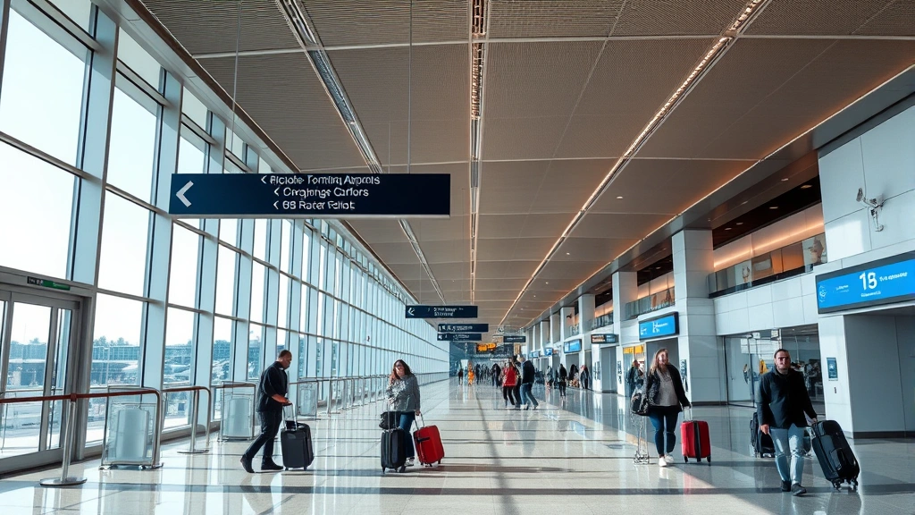 Mexico City International Airport terminal interior with modern architecture, travelers with luggage, clear directional signage, bright natural lighting from large windows, contemporary design elements