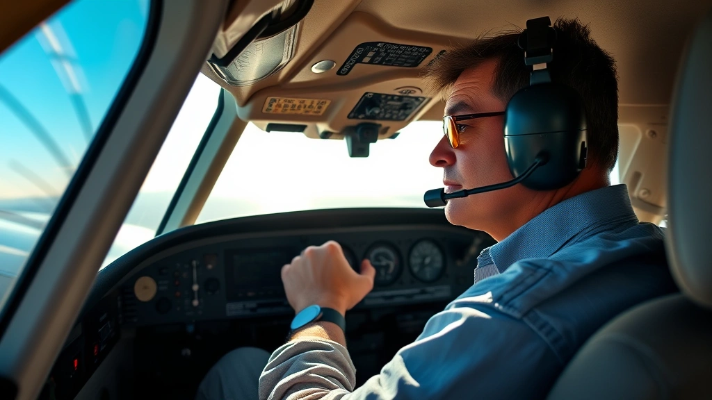 Pilot in small Cessna cockpit with hand on yoke, focused expression, instruments visible, natural sunlight from windscreen, realistic detail of flight controls