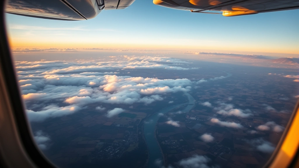 Aerial landscape view from small aircraft window showing patchwork farmland, winding river, small towns, clouds below, golden hour lighting, vast horizon