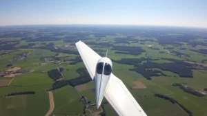 Small Cessna aircraft banking over green rolling hills and farmland patchwork during bright afternoon with clear visibility