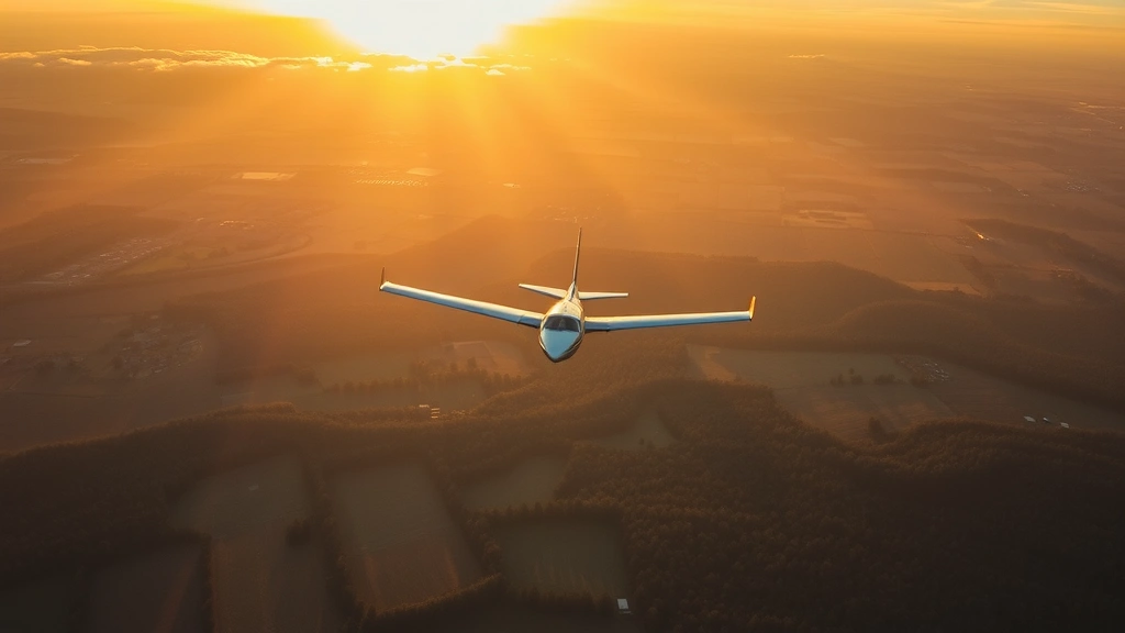 Aerial view of small aircraft flying over patchwork farmland and forests during golden hour with warm sunlight casting long shadows